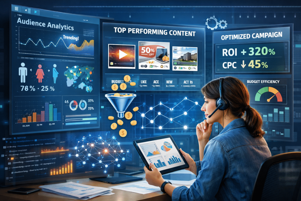AI-powered digital marketing dashboard analyzing audience behavior in real time, predicting high-performing content, and optimizing ad campaigns for better ROI.”