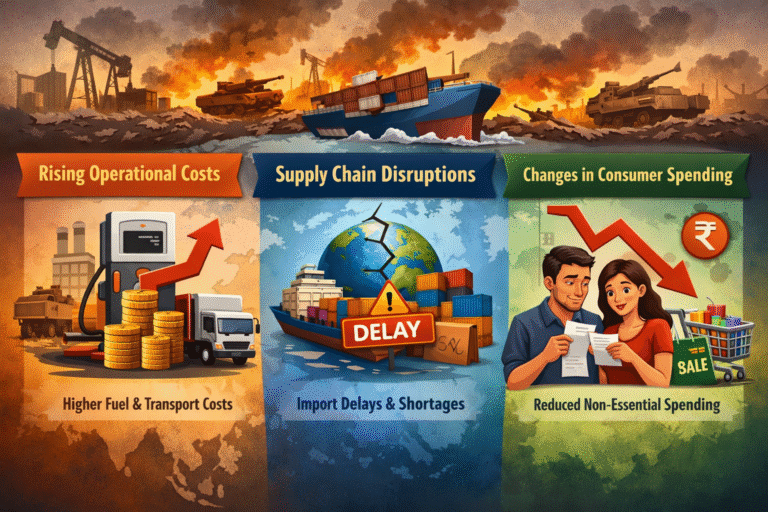 Infographic showing rising operational costs, supply chain disruptions, and changes in consumer spending caused by global conflicts affecting businesses in India