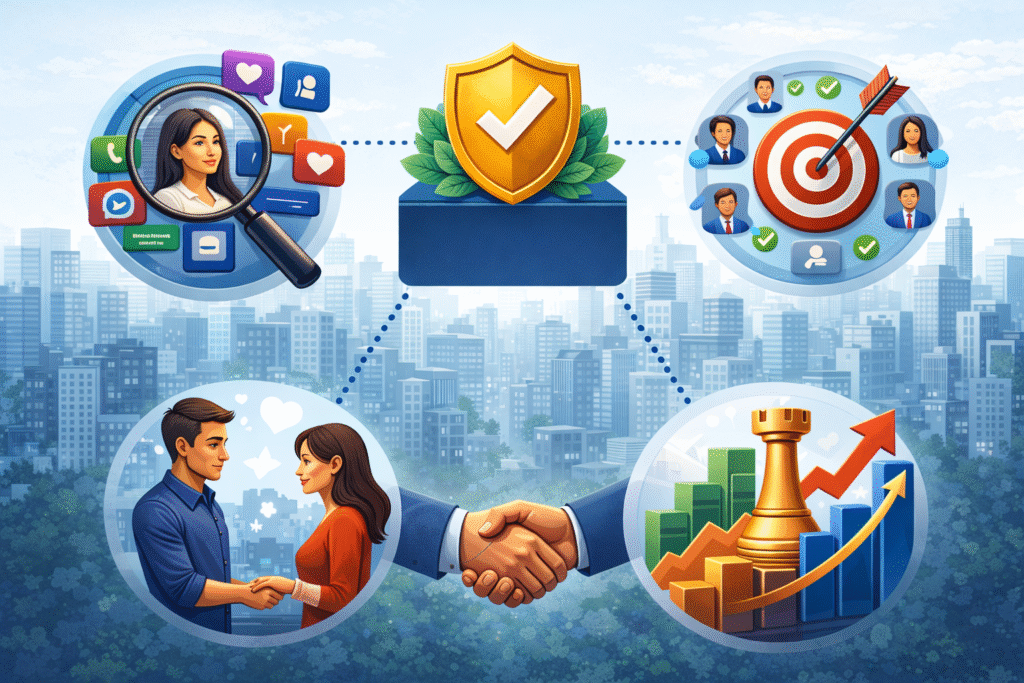 Illustration showing marketing benefits like brand visibility, lead generation, customer relationships, and business growth