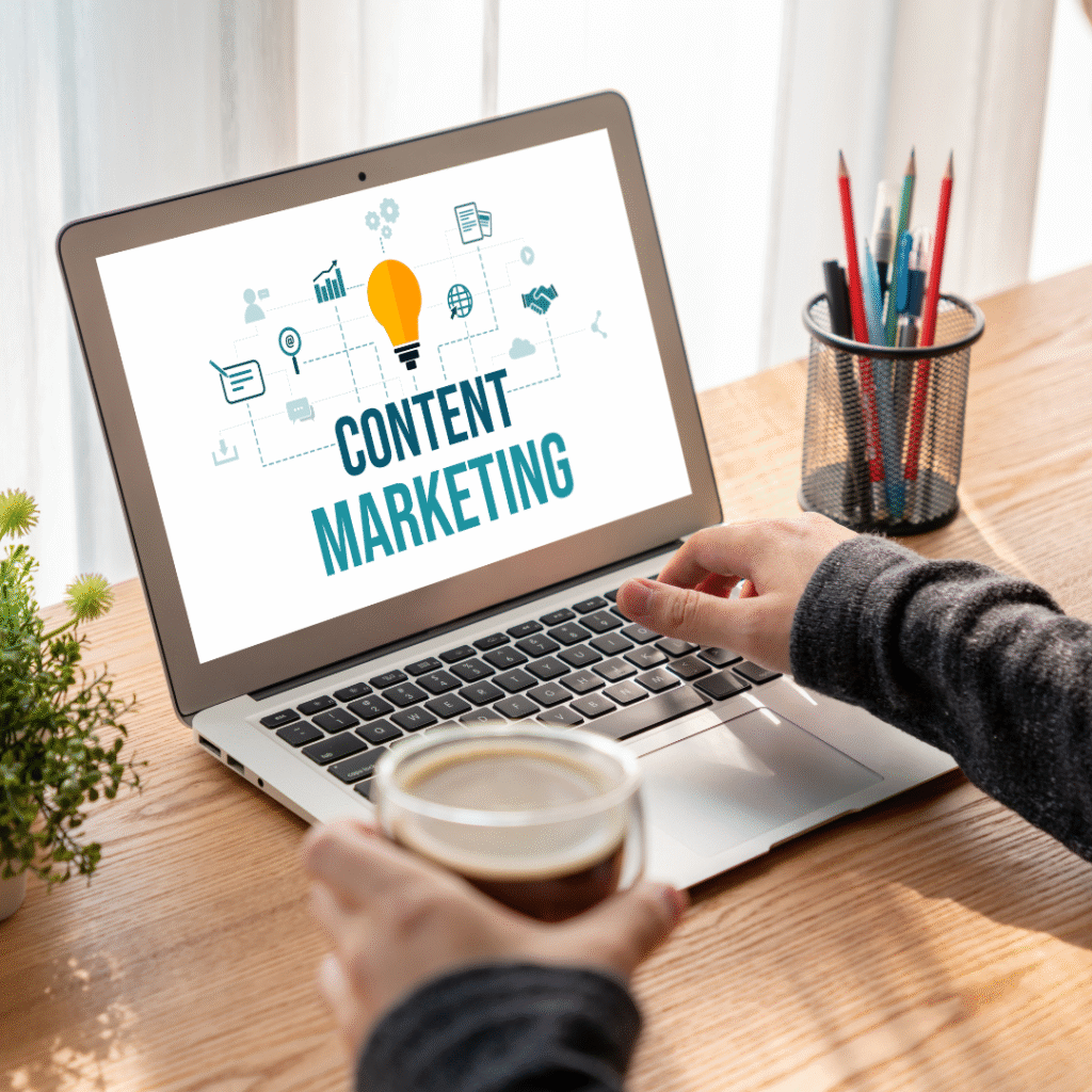 Content marketing strategy illustration showing blog writing, content creation, and digital marketing for business growth