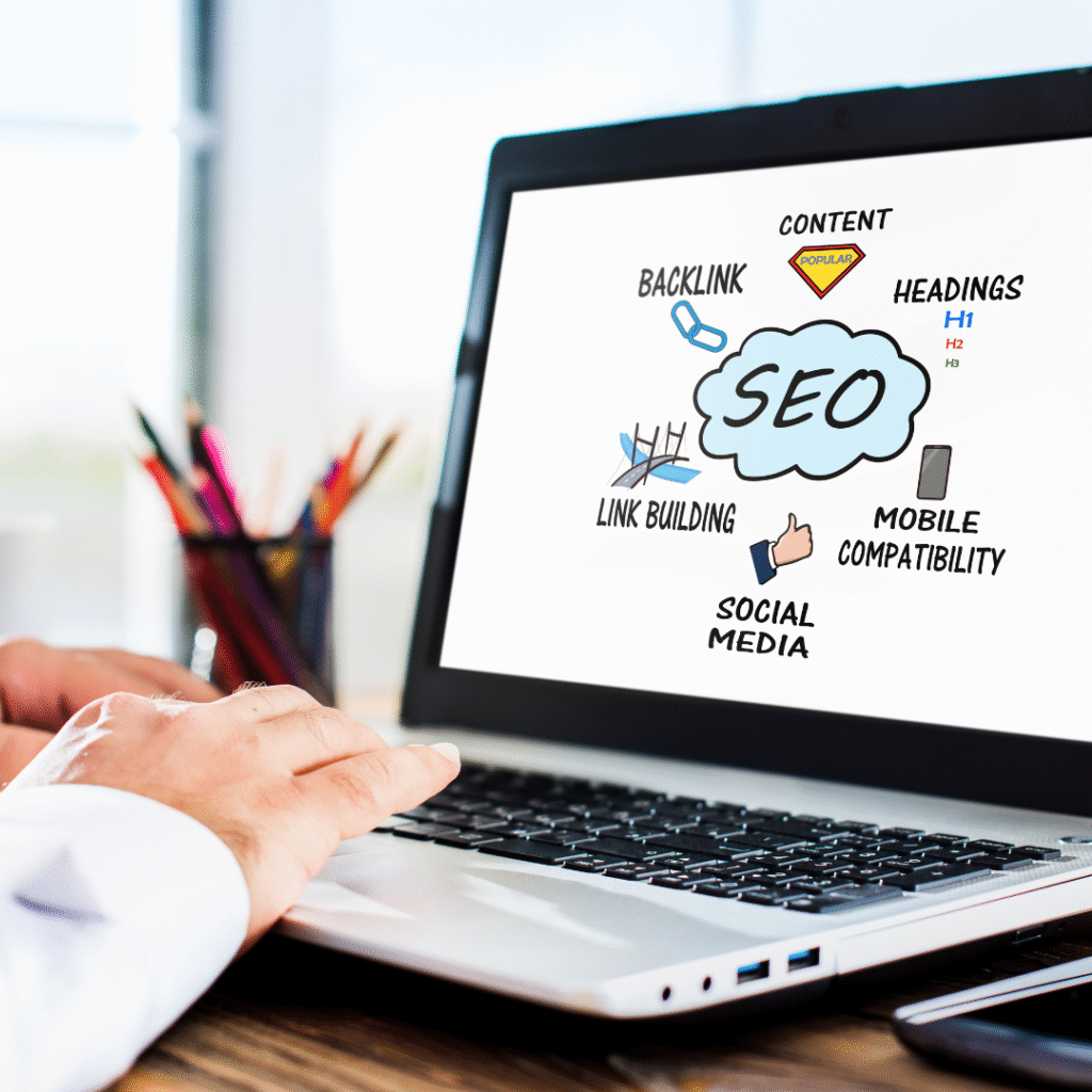 SEO strategy illustration showing search engine optimization improving website visibility and organic traffic