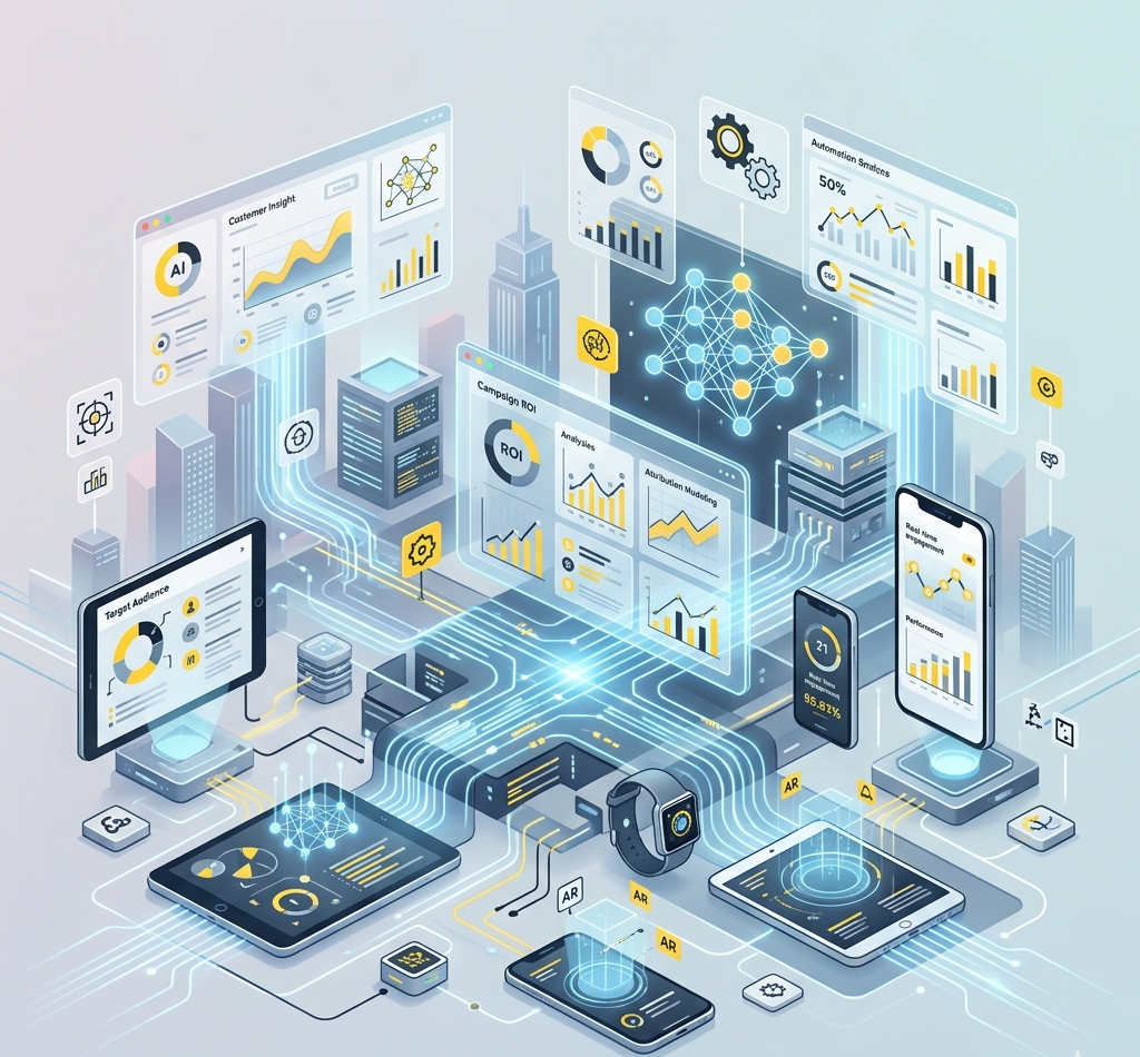 Brand strategist using AI-powered analytics dashboard for digital marketing strategy