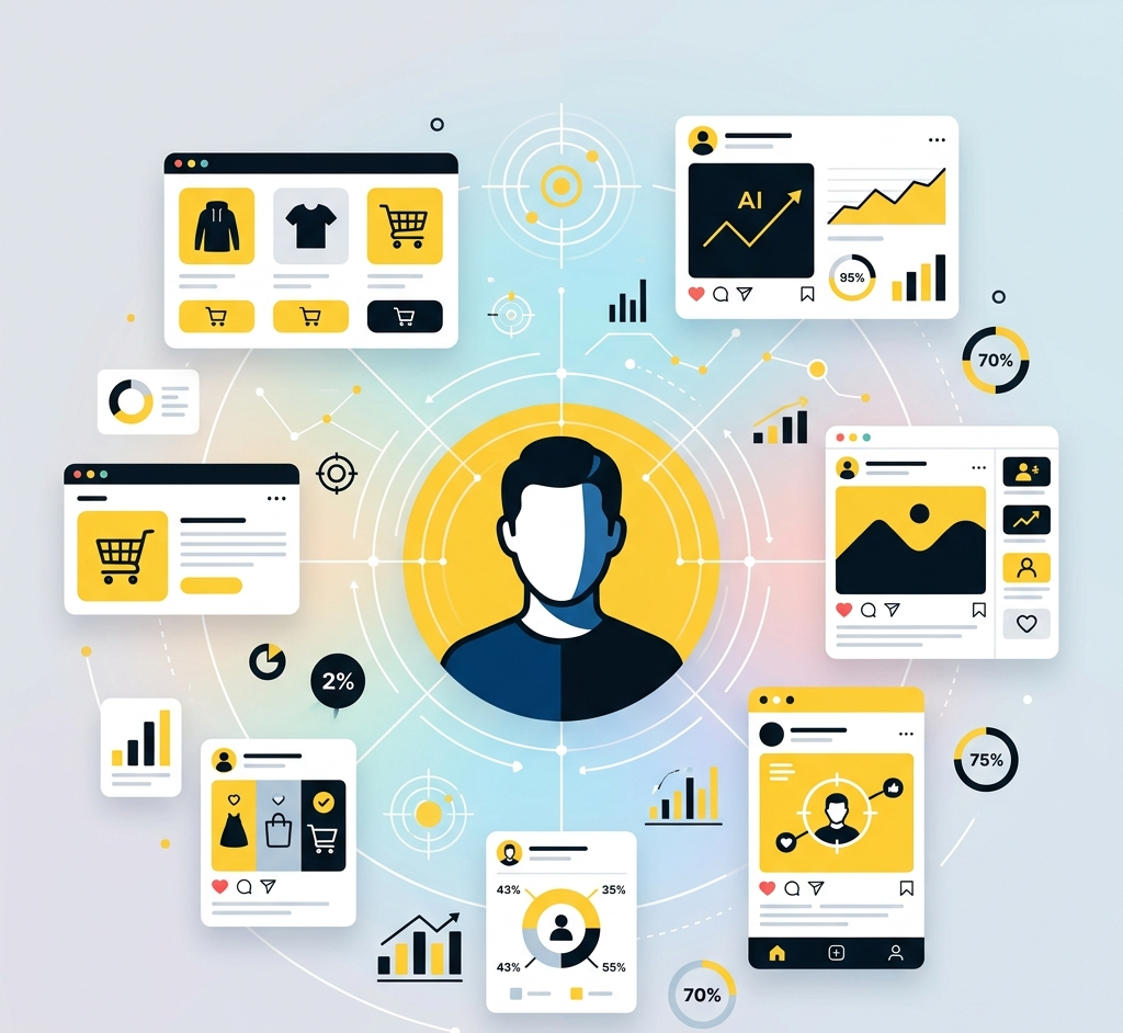 AI-powered hyper-personalization in digital marketing showing personalized ads and content targeting a single user