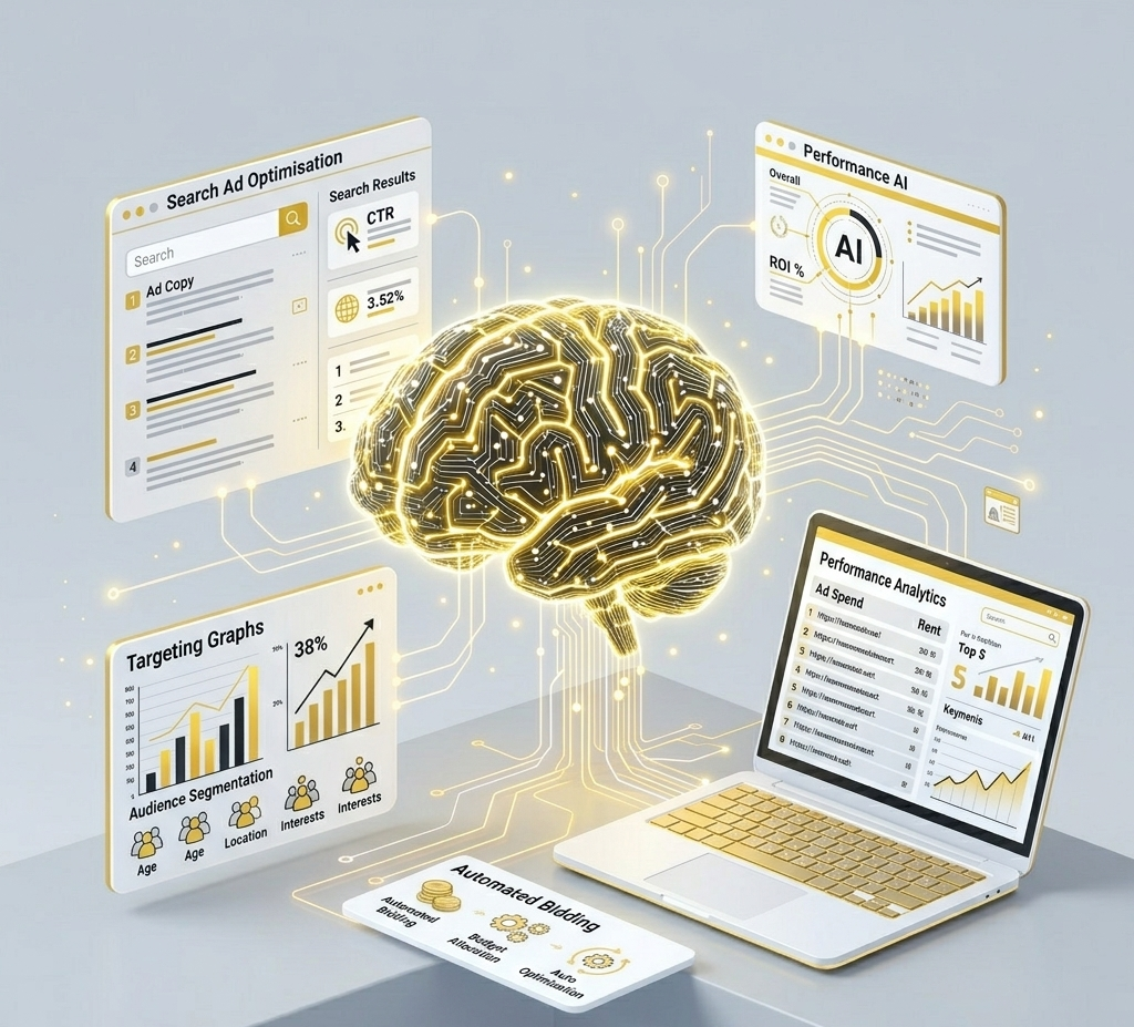 AI analyzing digital marketing data to optimize paid advertising campaigns