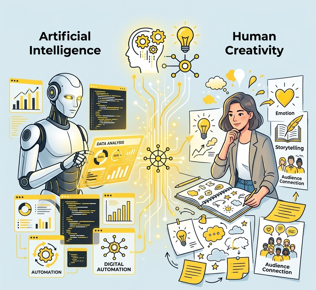 Human creativity and strategy working alongside AI technology in digital marketing